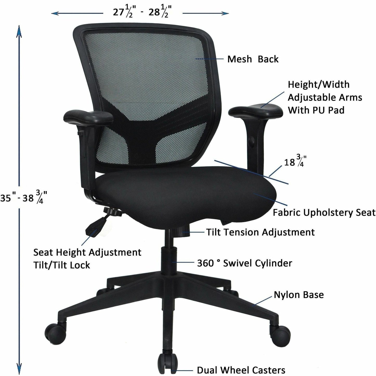 Lorell Executive Mesh Mid - Back Office Chair with Adjustable Lumbar Support and Height - Adjustable Arms 18" - 21.75"H (LLR - LLR84565) - SchoolOutlet