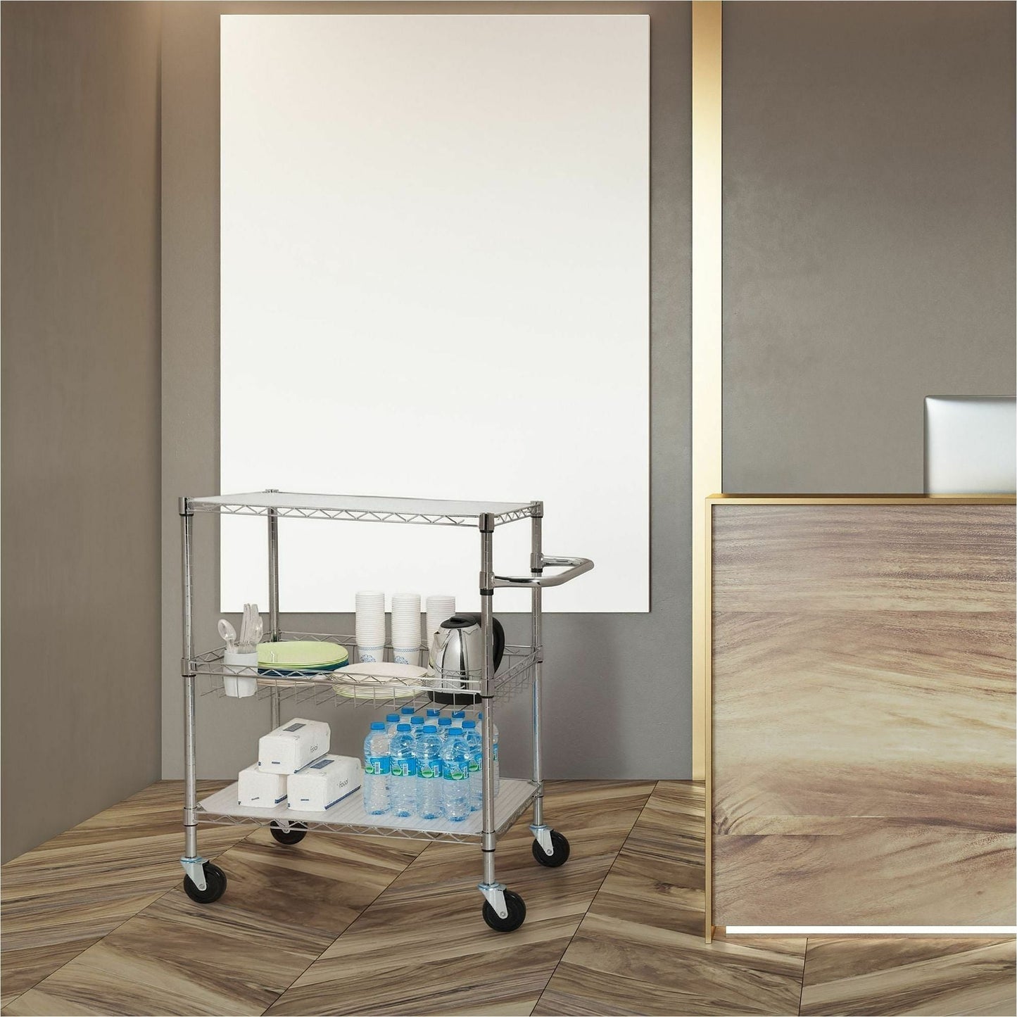 Lorell Heavy - Duty Chrome Lorell 3 - Tier Rolling Utility Cart 18"W x 30"D x 40"H (LLR - LLR84858) - SchoolOutlet