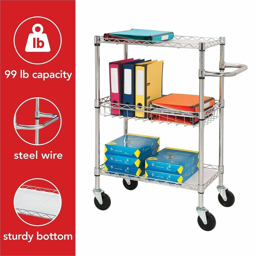 Lorell Heavy - Duty Chrome Lorell 3 - Tier Rolling Utility Cart 16"W x 26"D x 40"H (LLR - LLR84859) - SchoolOutlet