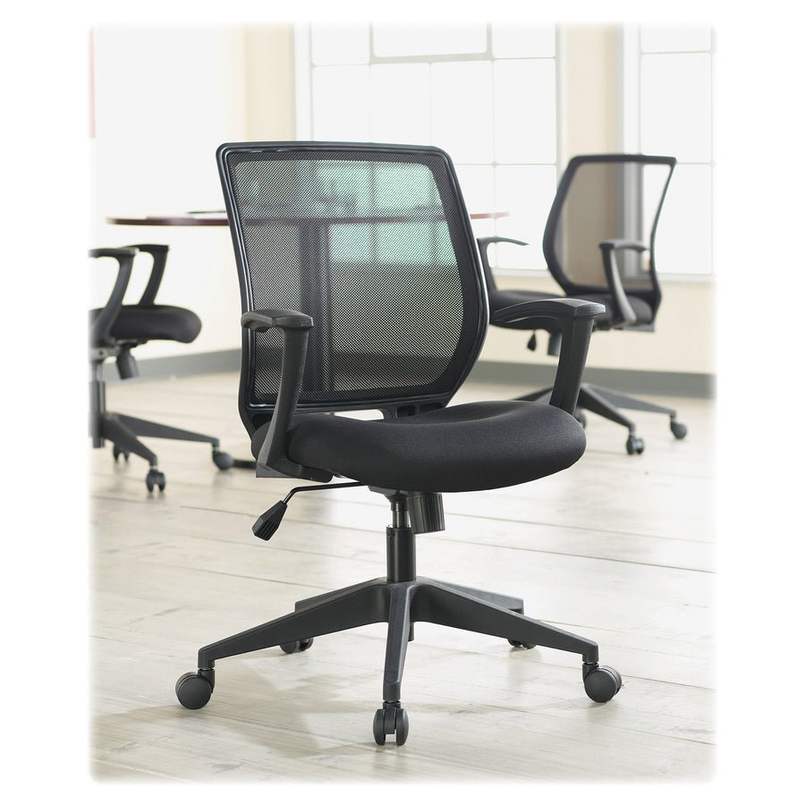 Lorell Executive Mid - Back Work Chair - Mesh Back Black Office Chair with Fixed Arms 17.75 - 21.25 "H (LLR - LLR84868) - SchoolOutlet
