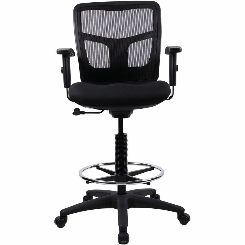 Lorell Ratchet Back Mesh Mid - Back Drafting Stool with Adjustable Arms and Footring 25 - 35.40"H (LLR - LLR86801) - SchoolOutlet