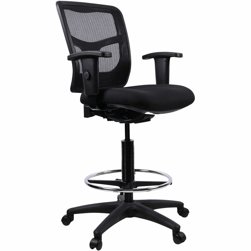 Lorell Ratchet Back Mesh Mid - Back Drafting Stool with Adjustable Arms and Footring 25 - 35.40"H (LLR - LLR86801) - SchoolOutlet
