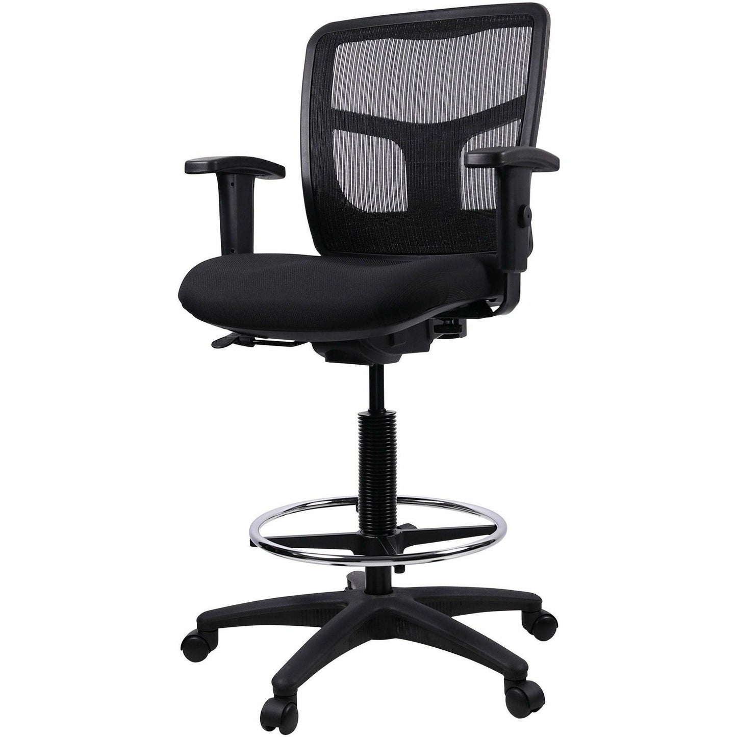 Lorell Ratchet Back Mesh Mid - Back Drafting Stool with Adjustable Arms and Footring 25 - 35.40"H (LLR - LLR86801) - SchoolOutlet