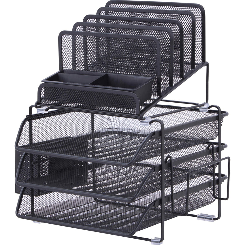Lorell Black Mesh/Wire Divided 4 - Tier Desktop Organizer with Sliding File Trays (LLR - LLR95251) - SchoolOutlet