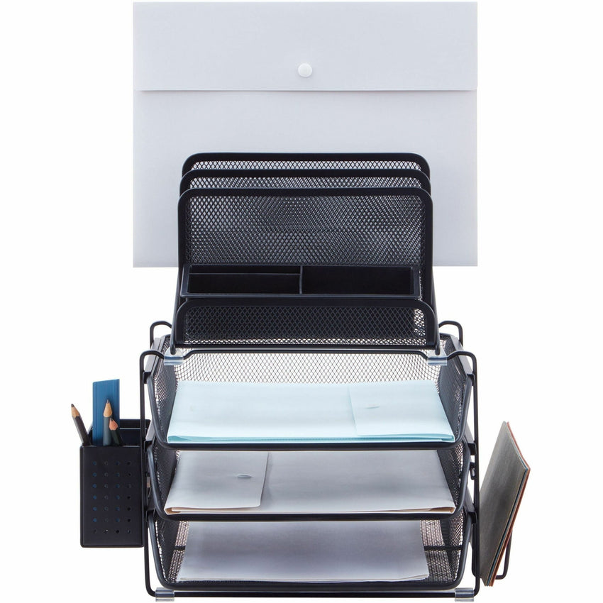 Lorell Black Mesh/Wire Divided 4 - Tier Desktop Organizer with Sliding File Trays (LLR - LLR95251) - SchoolOutlet