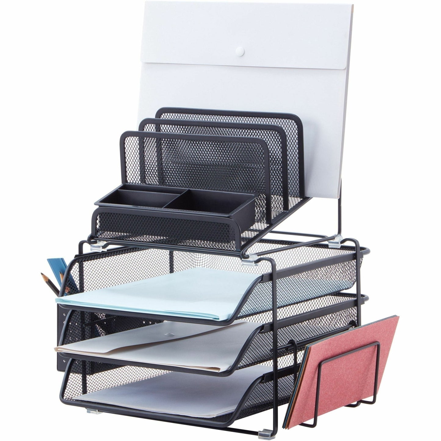 Lorell Black Mesh/Wire Divided 4 - Tier Desktop Organizer with Sliding File Trays (LLR - LLR95251) - SchoolOutlet