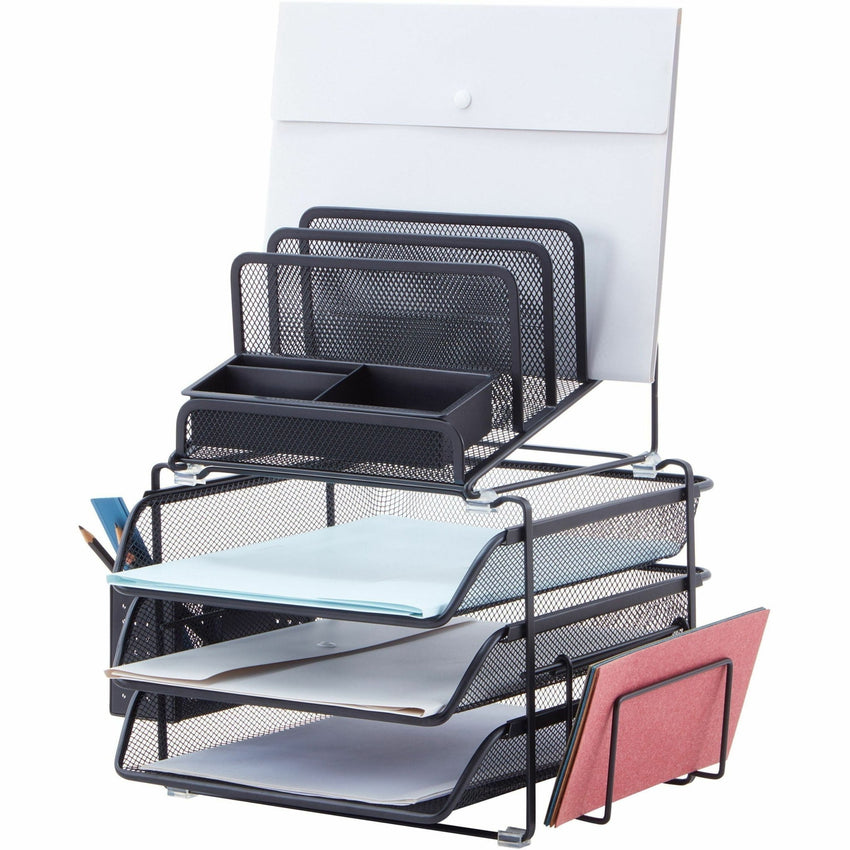 Lorell Black Mesh/Wire Divided 4 - Tier Desktop Organizer with Sliding File Trays (LLR - LLR95251) - SchoolOutlet