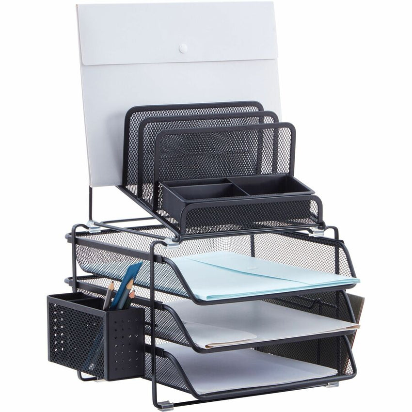 Lorell Black Mesh/Wire Divided 4 - Tier Desktop Organizer with Sliding File Trays (LLR - LLR95251) - SchoolOutlet