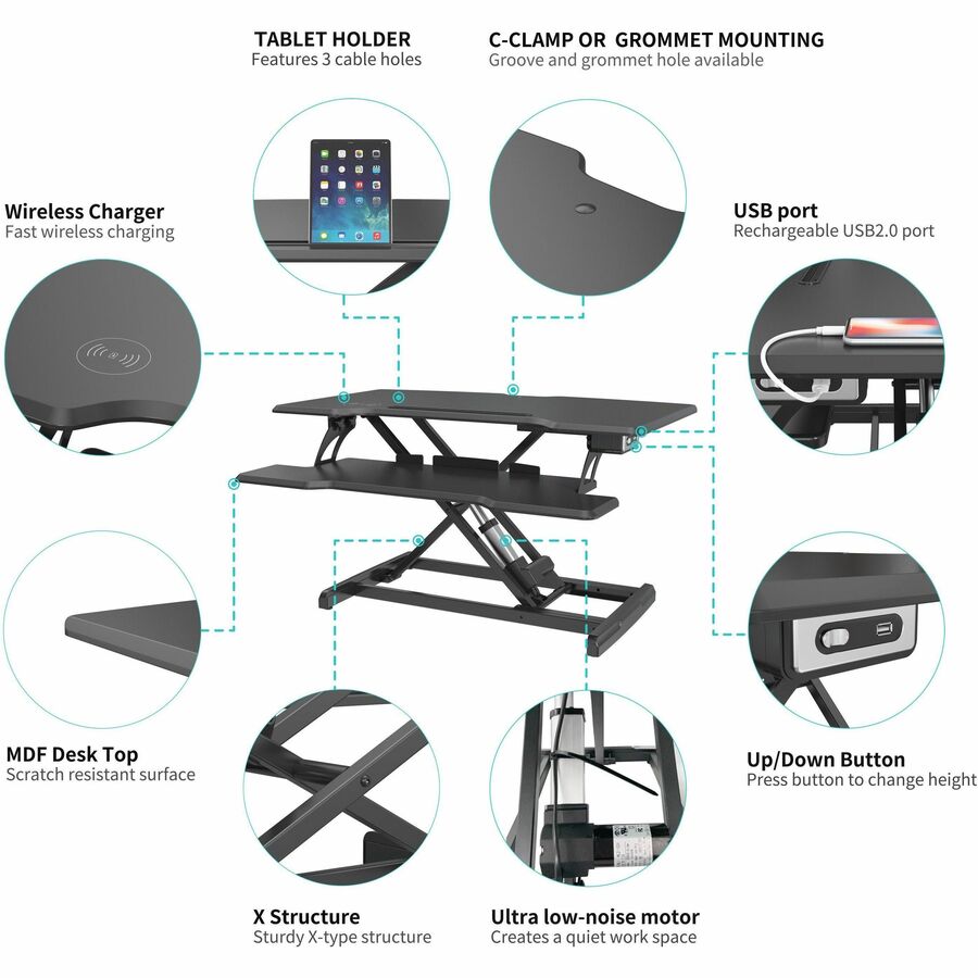 Lorell Electric Desk Riser with Wireless Charging 20"H x 19.25"W x 33.5"D Black (LLR - LLR99530) - SchoolOutlet
