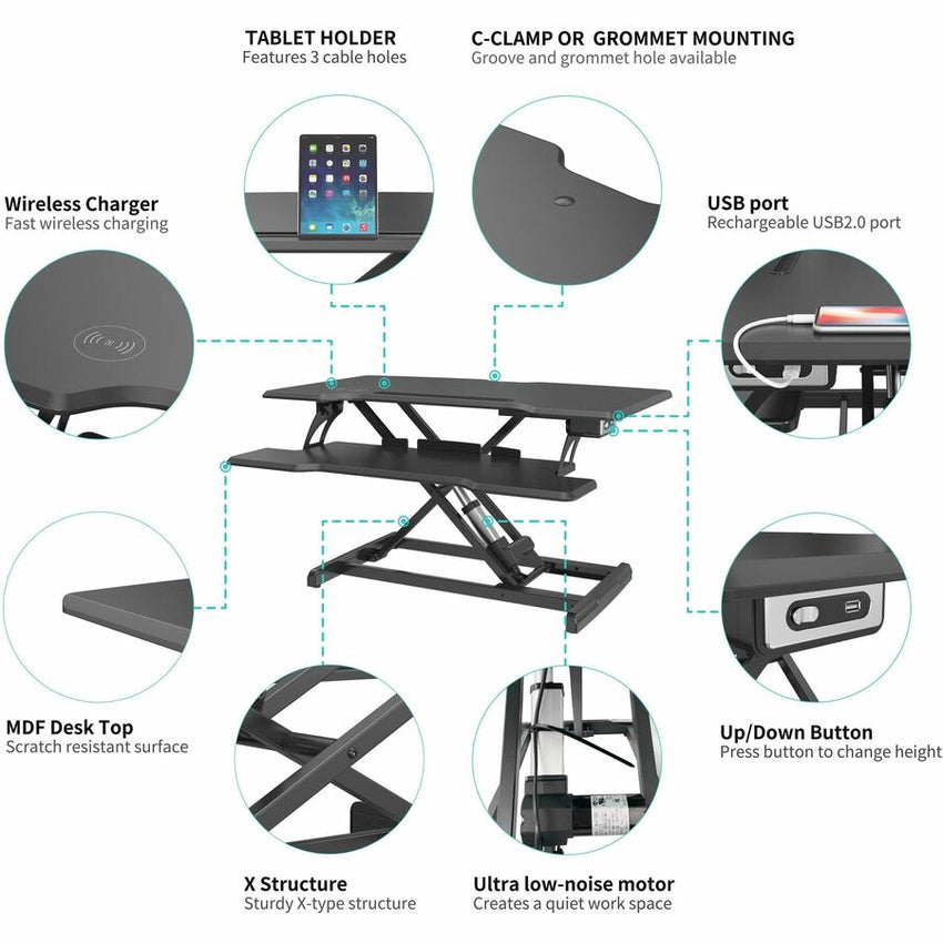 Lorell Electric Desk Riser with Wireless Charging 20"H x 19.25"W x 33.5"D Black (LLR - LLR99530) - SchoolOutlet