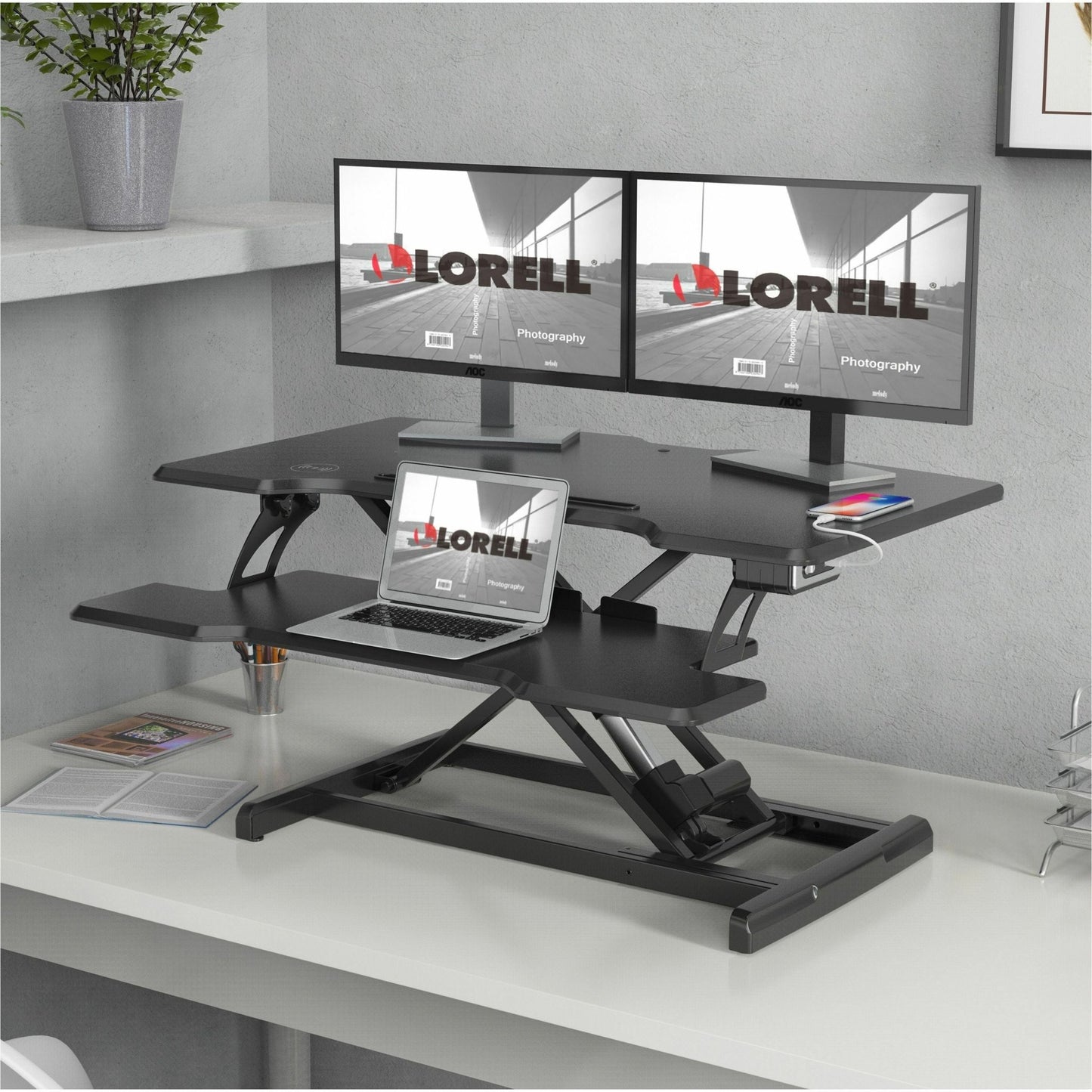 Lorell Electric Desk Riser with Wireless Charging 20"H x 19.25"W x 33.5"D Black (LLR - LLR99530) - SchoolOutlet