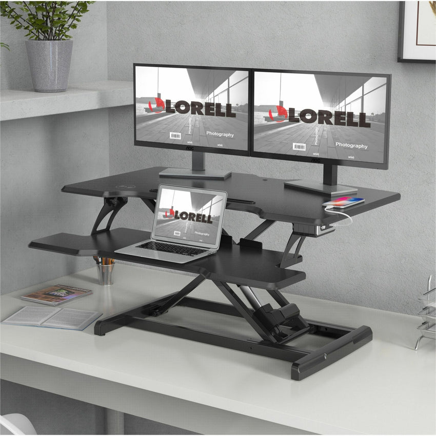 Lorell Electric Desk Riser with Wireless Charging 20"H x 19.25"W x 33.5"D Black (LLR - LLR99530) - SchoolOutlet