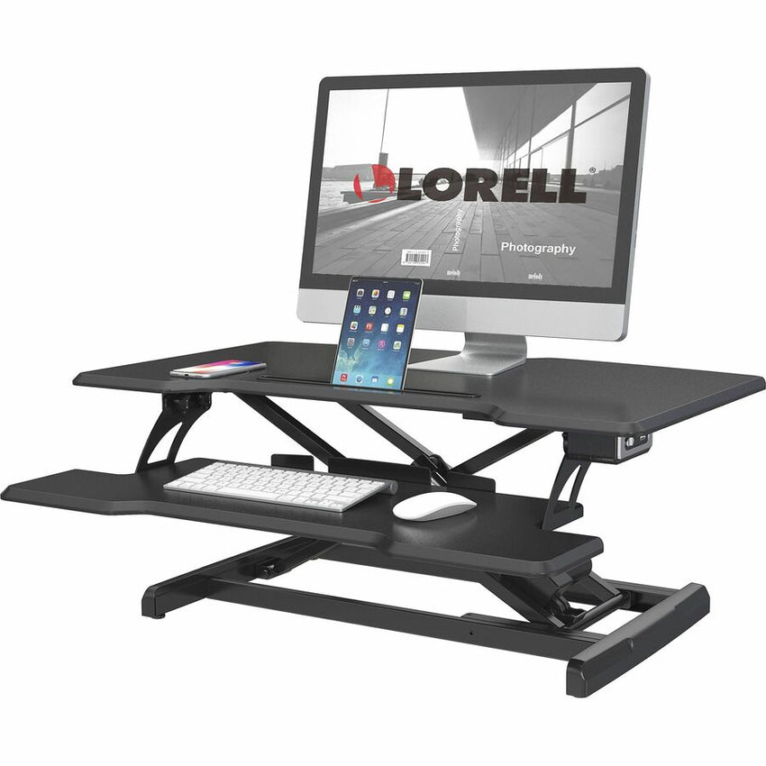 Lorell Electric Desk Riser with Wireless Charging 20"H x 19.25"W x 33.5"D Black (LLR - LLR99530) - SchoolOutlet