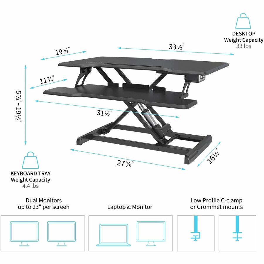 Lorell Electric Desk Riser with Wireless Charging 20"H x 19.25"W x 33.5"D Black (LLR - LLR99530) - SchoolOutlet