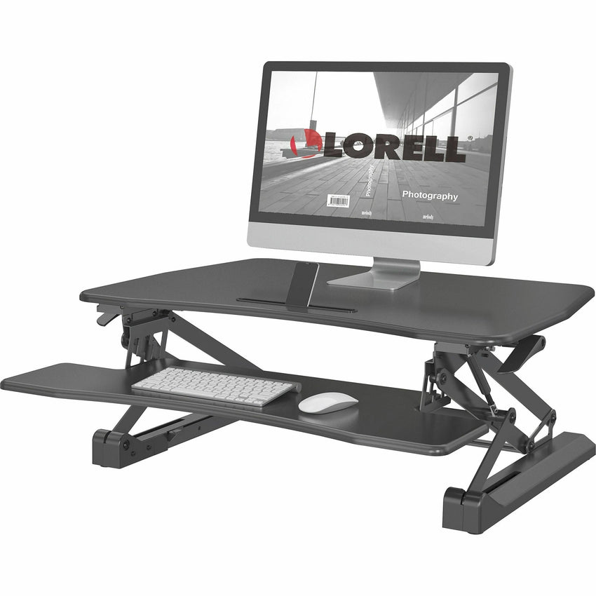 Lorell Gas Lift Monitor Riser 19.5"H x 35.5"W x 23.25"D Black (LLR - LLR99553) - SchoolOutlet