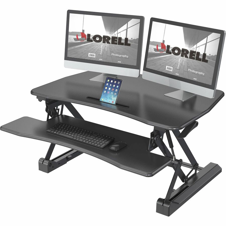 Lorell Gas Lift Monitor Riser 19.5"H x 35.5"W x 23.25"D Black (LLR - LLR99553) - SchoolOutlet