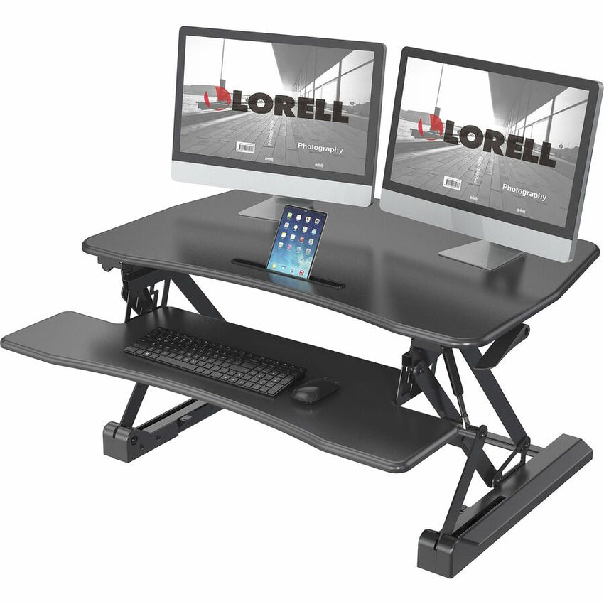 Lorell Gas Lift Monitor Riser 19.5"H x 35.5"W x 23.25"D Black (LLR - LLR99553) - SchoolOutlet