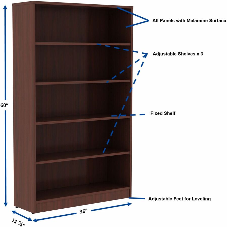 Lorell 5 - Shelf Laminate Bookcase 36"W x 12"D x 60"H Mahogany (LLR - LLR997860) - SchoolOutlet