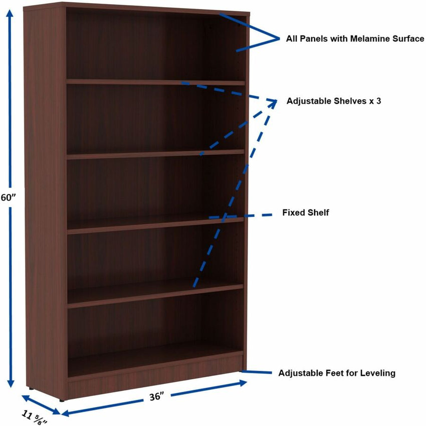 Lorell 5 - Shelf Laminate Bookcase 36"W x 12"D x 60"H Mahogany (LLR - LLR997860) - SchoolOutlet