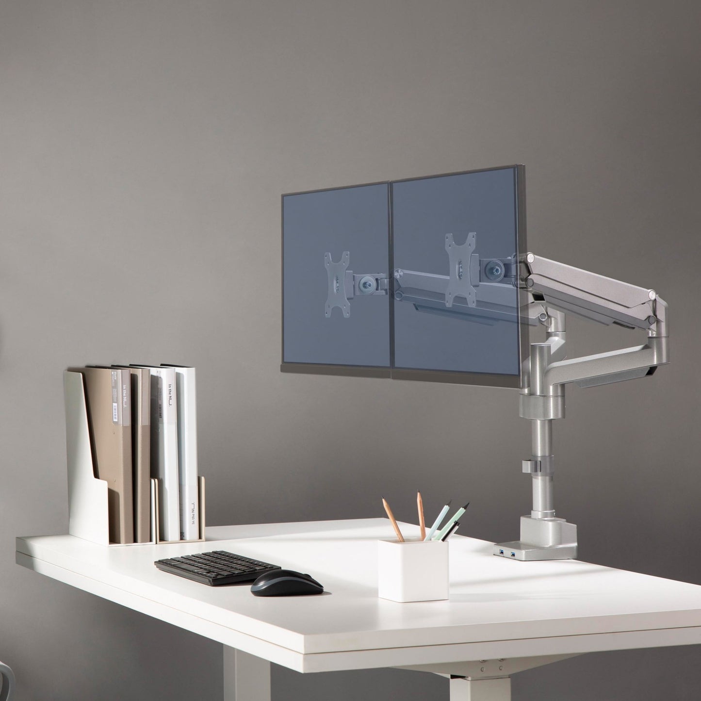 Lorell Dual Monitor Mounting Arm with Pole Height Adjustable Gray (LLR - LLR99803) - SchoolOutlet