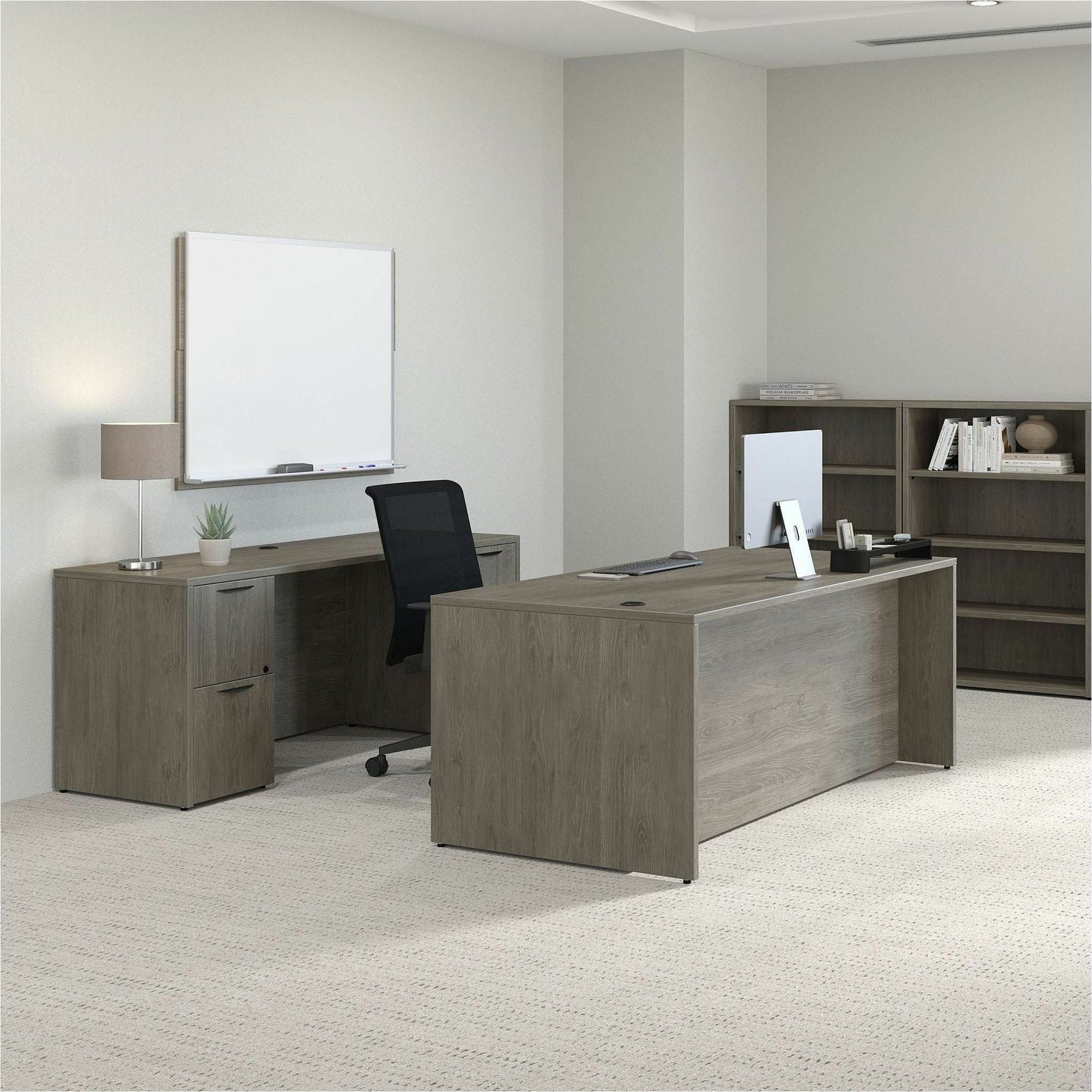 Lorell Prominence 2.0 Series Gray Elm Executive Desk featuring Dual Locking Pedestals and High - Performance Thermally Fused Melamine Construction 60"W x 30"D x 29"H (LLR - LLRPD3060DPGE) - SchoolOutlet