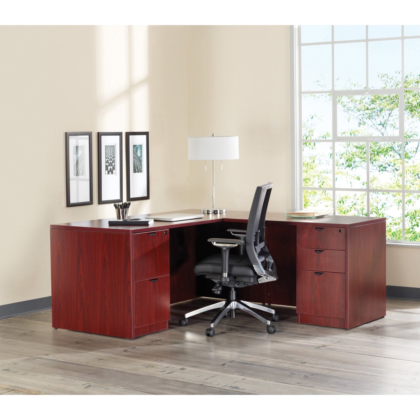 Lorell Prominence 2.0 Series Double - Pedestal Executive Desk with Laminate Finish and Fully Assembled Professional Construction 60"W x 30"D x 29"H (LLR - LLRPD3060DPMY) - SchoolOutlet