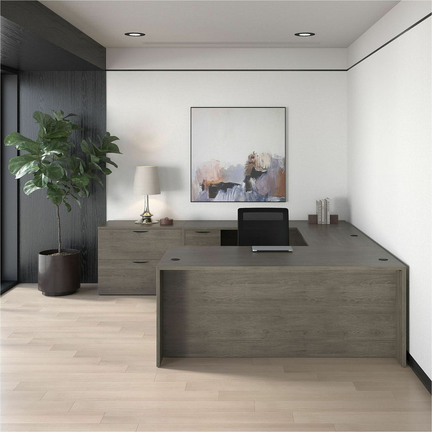 Lorell Prominence 2.0 Series Gray Elm Executive Desk featuring a Left - Hand Locking Pedestal and High - Performance Thermally Fused Melamine Construction 60"W x 30"D x 29"H (LLR - LLRPD3060LSPGE) - SchoolOutlet