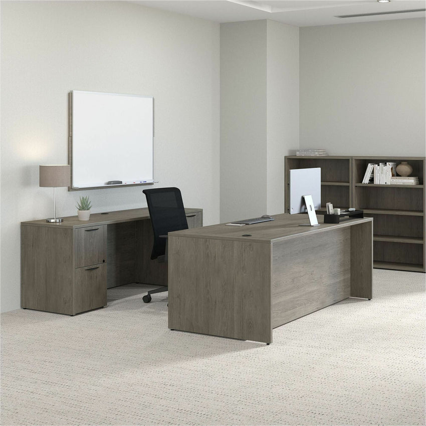 Lorell Prominence 2.0 Series Gray Elm Executive Desk featuring Dual 3/4 Locking Pedestals and High - Performance Thermally Fused Melamine Construction 60"W x 30"D x 29"H (LLR - LLRPD3060QDPGE) - SchoolOutlet