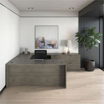 Lorell Prominence 2.0 Series Gray Elm Executive Desk featuring a Left - Hand Locking Pedestal and High - Performance Thermally Fused Melamine Construction 66