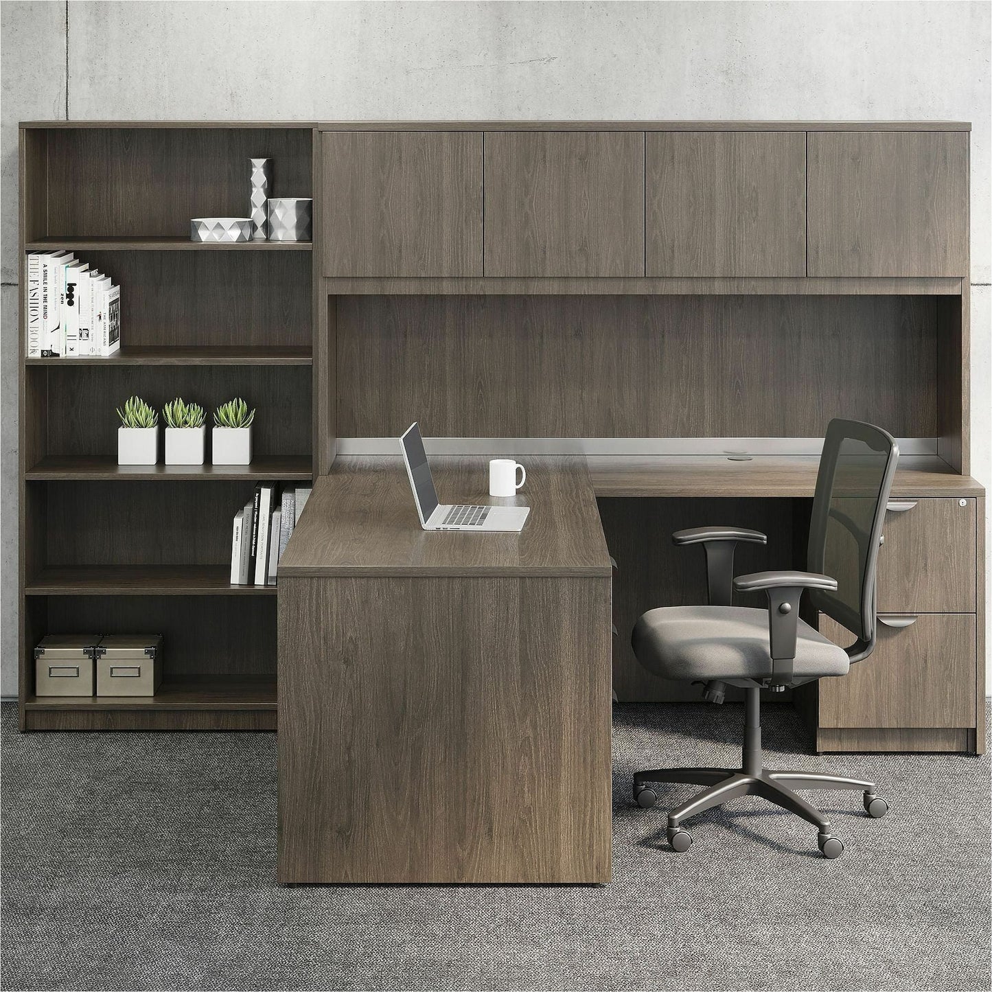 Lorell Prominence 2.0 Series Gray Elm Executive Desk featuring a Left - Hand Locking Pedestal and High - Performance Thermally Fused Melamine Construction 66"W x 30"D x 29"H (LLR - LLRPD3066LSPGE) - SchoolOutlet