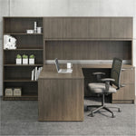 Lorell Prominence 2.0 Series Gray Elm Executive Desk featuring a Left - Hand Locking Pedestal and High - Performance Thermally Fused Melamine Construction 66