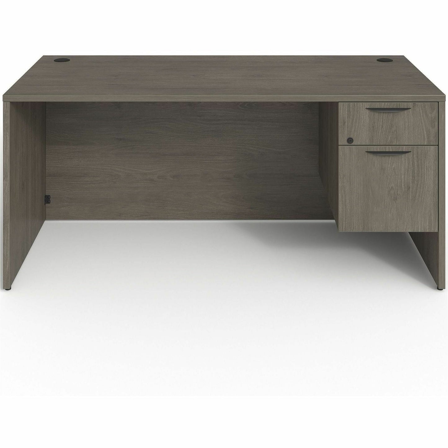 Lorell Prominence 2.0 Series Gray Elm Executive Desk featuring a 3/4 Right - Hand Locking Pedestal and High - Performance Thermally Fused Melamine Construction 66"W x 30"D x 29"H (LLR - LLRPD3066QRGE) - SchoolOutlet