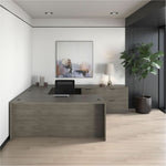 Lorell Prominence 2.0 Series Gray Elm Executive Desk featuring a Right - Hand Locking Pedestal and High - Performance Thermally Fused Melamine Construction 66