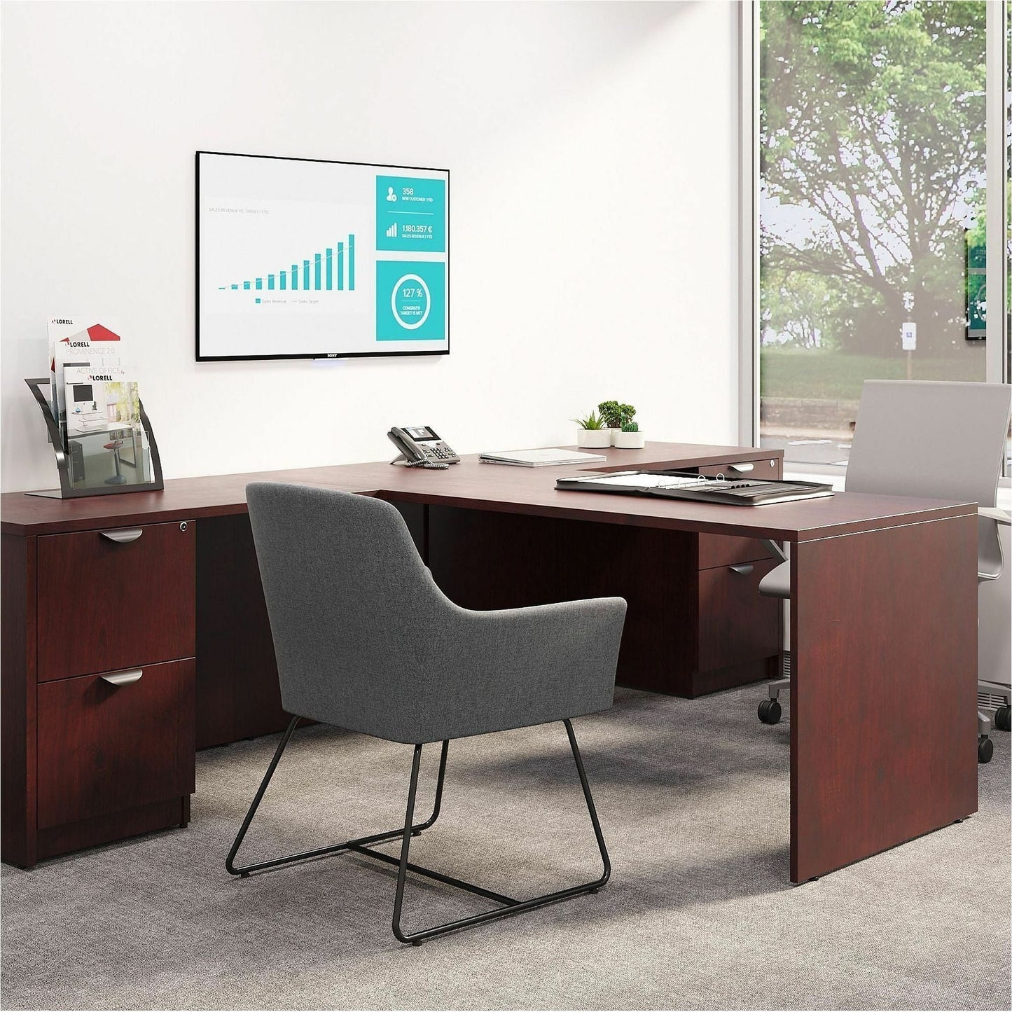 Lorell Prominence 2.0 Mahogany Laminate Peninsula Desk 72"W x 30"D x 29"H (LLR - PRT3072MY) - SchoolOutlet