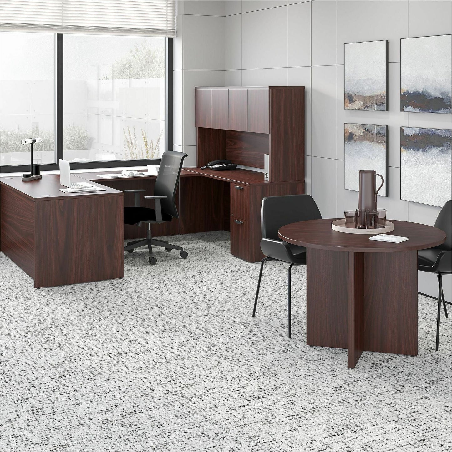 Lorell Prominence 2.0 Round Laminate Conference Table Mahogany 42" Diameter x 29"H (LLR - LLRPT42RM) - SchoolOutlet