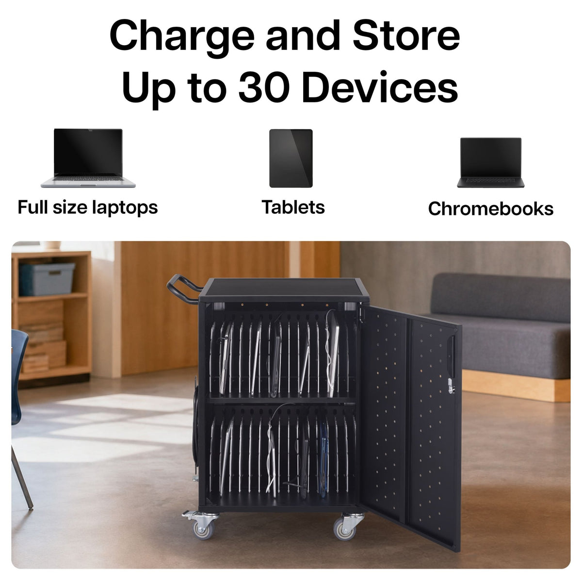 Luxor Line Leader Essential 30-Device Charging and Storage Cart with Locking Doors and Mobile Design 30-Device Capacity 20"W x 21"D x 32"H (LUX-ABC30CHARGEKD) - SchoolOutlet