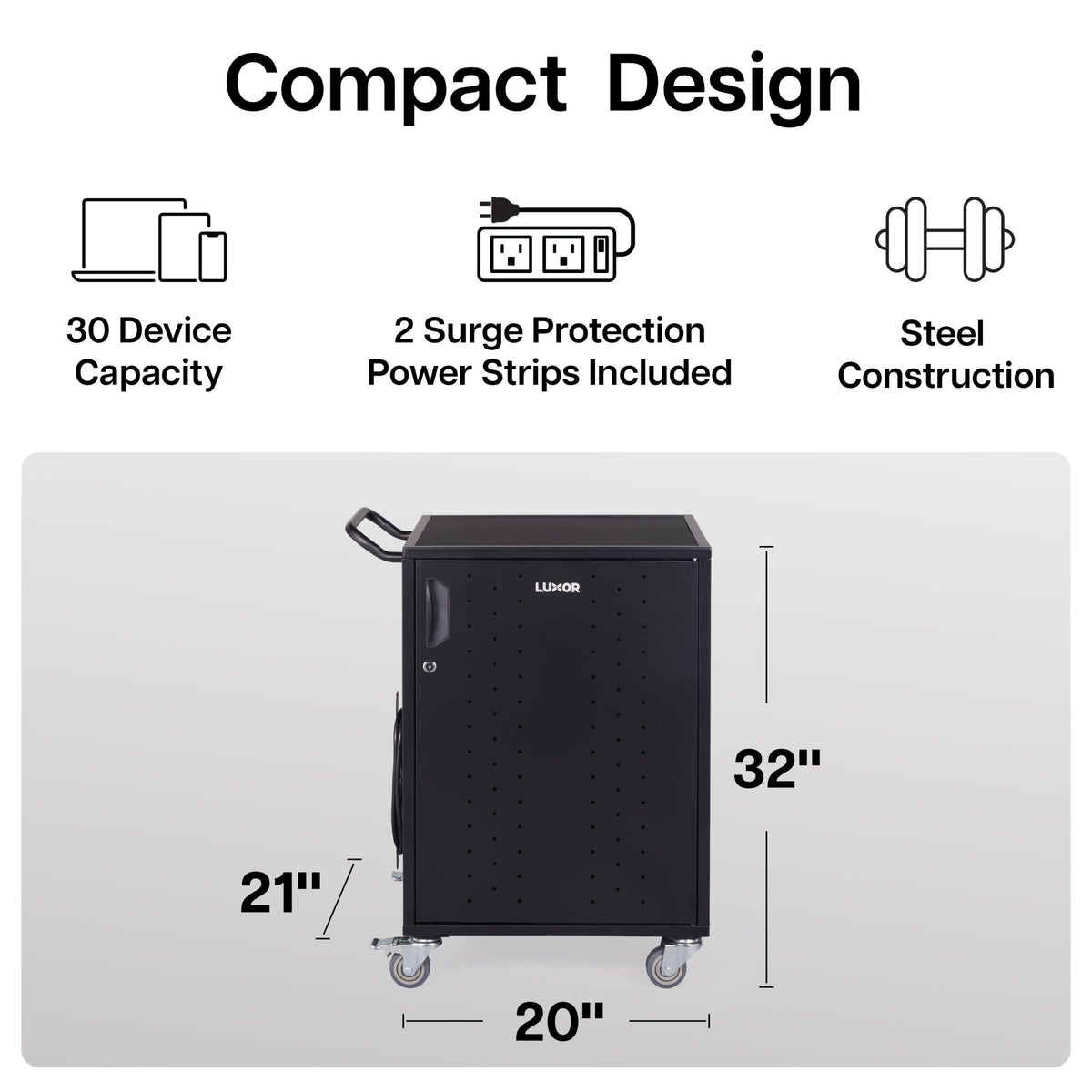 Luxor Line Leader Essential 30-Device Charging and Storage Cart with Locking Doors and Mobile Design 30-Device Capacity 20"W x 21"D x 32"H (LUX-ABC30CHARGEKD) - SchoolOutlet