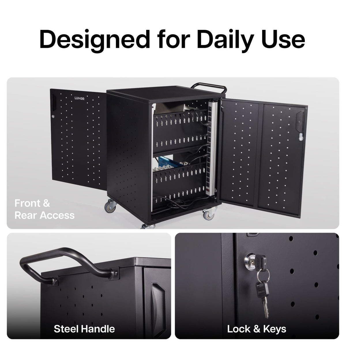 Luxor Line Leader Essential 30-Device Charging and Storage Cart with Locking Doors and Mobile Design 30-Device Capacity 20"W x 21"D x 32"H (LUX-ABC30CHARGEKD) - SchoolOutlet