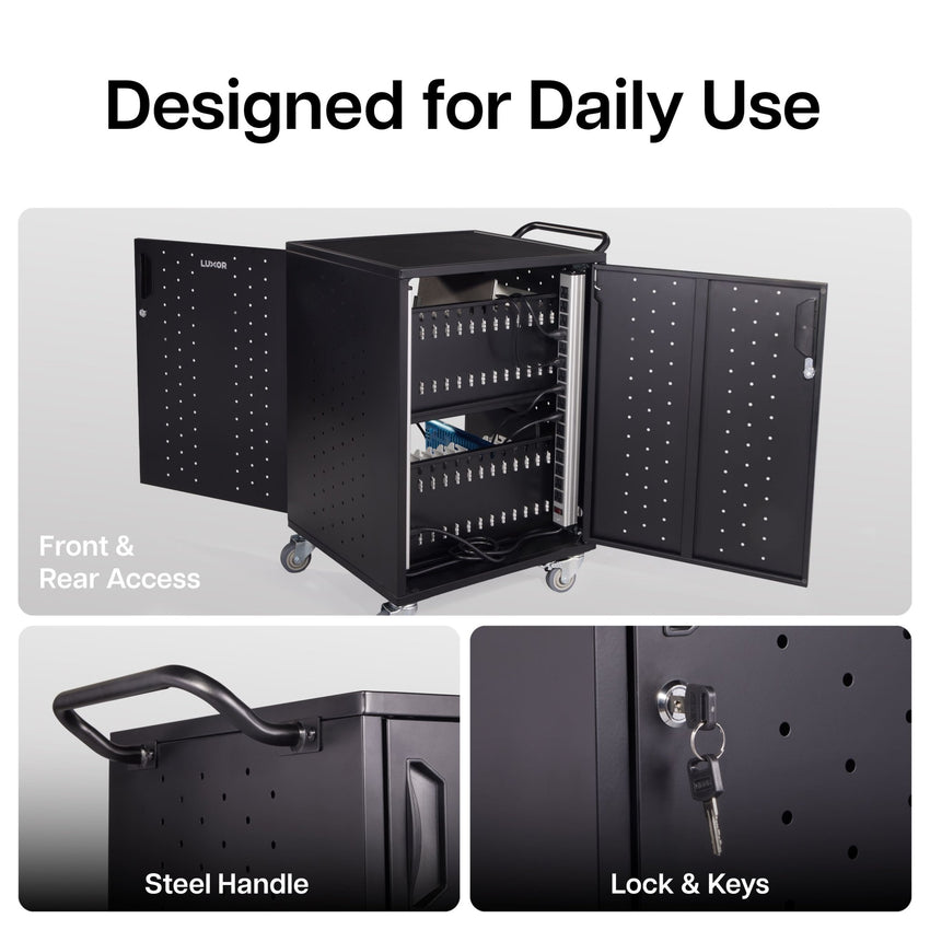 Luxor Line Leader Essential 30-Device Charging and Storage Cart with Locking Doors and Mobile Design 30-Device Capacity 20"W x 21"D x 32"H (LUX-ABC30CHARGEKD) - SchoolOutlet