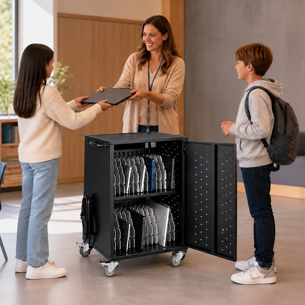Luxor Line Leader Essential 30-Device Charging and Storage Cart with Locking Doors and Mobile Design 30-Device Capacity 20"W x 21"D x 32"H (LUX-ABC30CHARGEKD) - SchoolOutlet