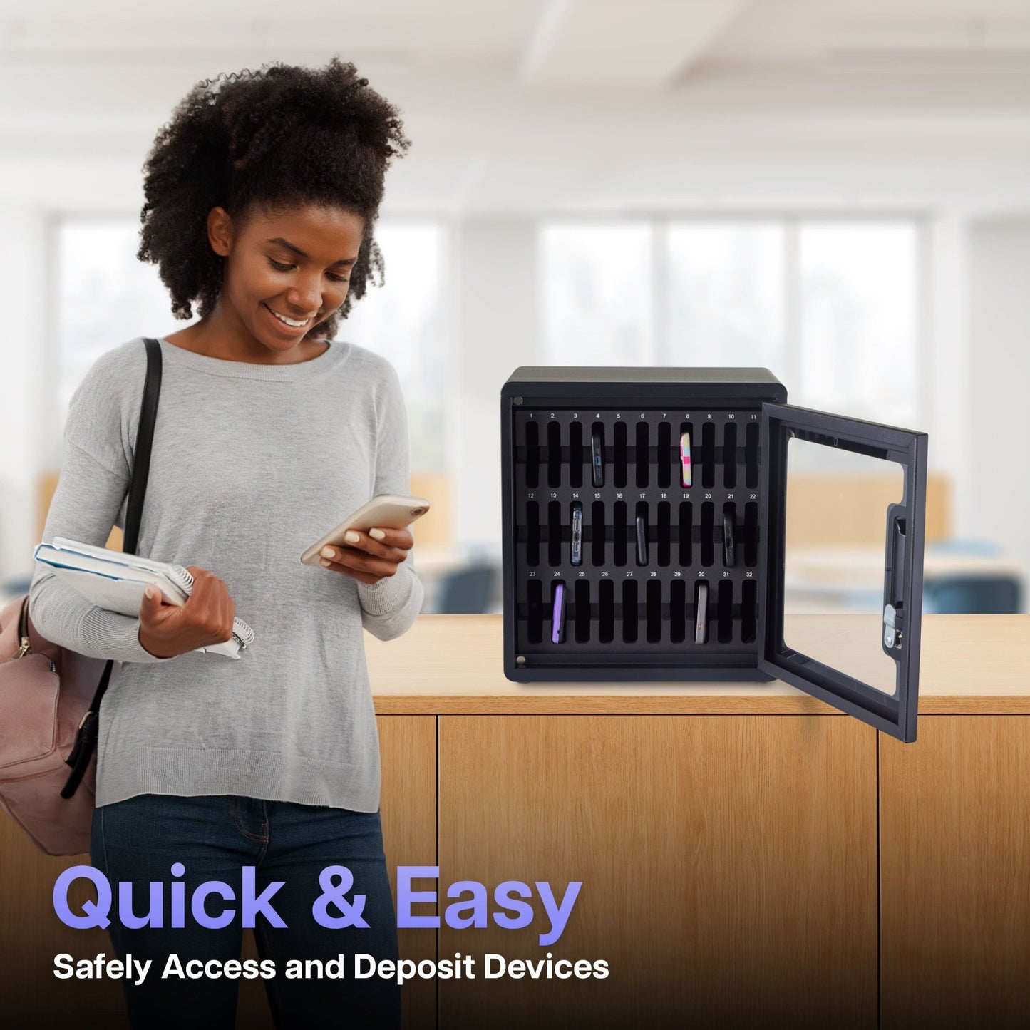 Luxor CellGuard 32 Bay Cell Phone Cabinet with Wall Mount Plate Organized Classroom Phone Storage (CHZZ002) - SchoolOutlet