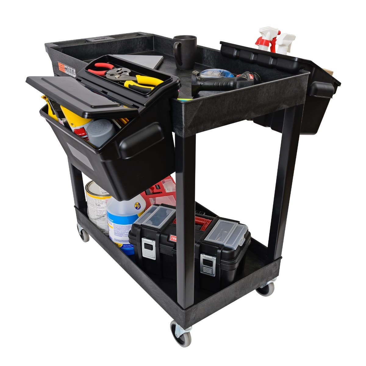 Luxor E Series EC11-B-OUTRIG - Tub Cart 2 Shelves with Outrigger Utility Cart Bins - 35.25" W x 34.25" H - SchoolOutlet