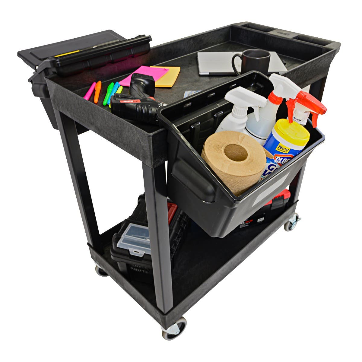 Luxor E Series EC11-B-OUTRIG - Tub Cart 2 Shelves with Outrigger Utility Cart Bins - 35.25" W x 34.25" H - SchoolOutlet