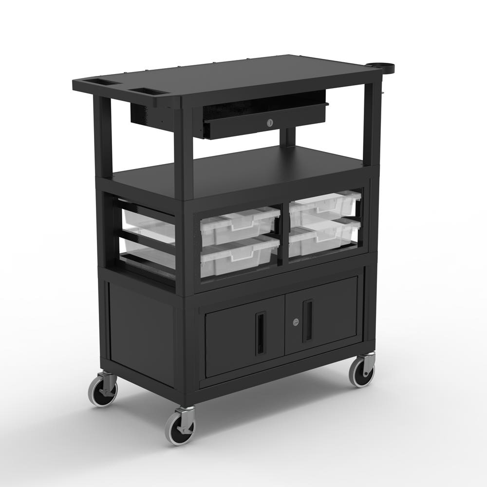 Luxor Deluxe Teacher Cart with Locking Cabinet Storage - Bins Keyboard, Tray Pocket, Chart Hooks and Cup Holder 32" x 18" (Luxor LUX-ECMBSKBC-B) - SchoolOutlet