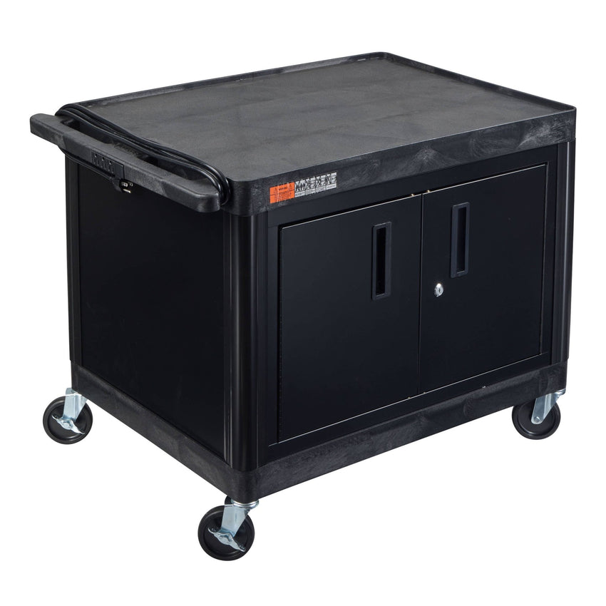 Luxor LE27C-B Black 2 Shelf A/V Cart with Electrical Assembly and Locking Cabinet - 24" W x 32" D x 27" H - SchoolOutlet