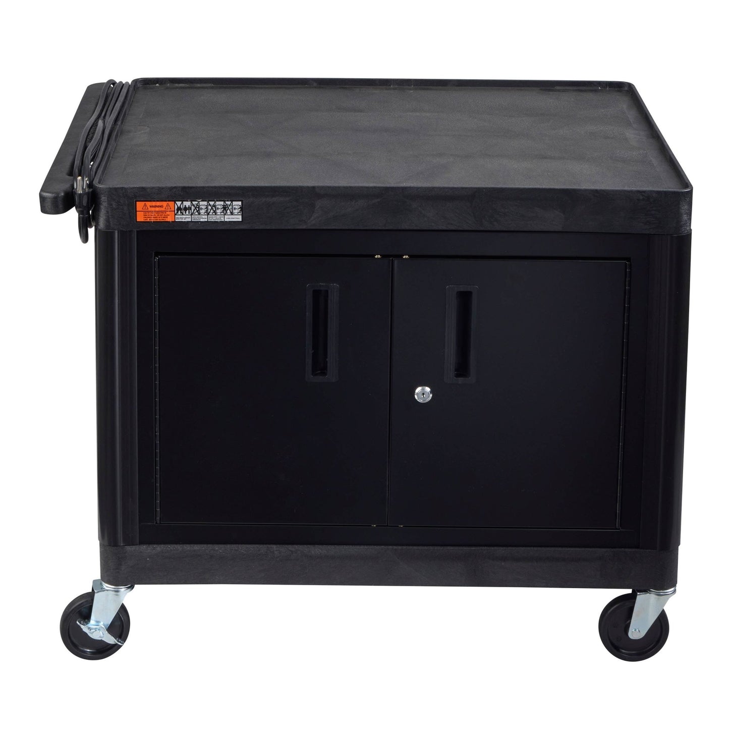 Luxor LE27C-B Black 2 Shelf A/V Cart with Electrical Assembly and Locking Cabinet - 24" W x 32" D x 27" H - SchoolOutlet