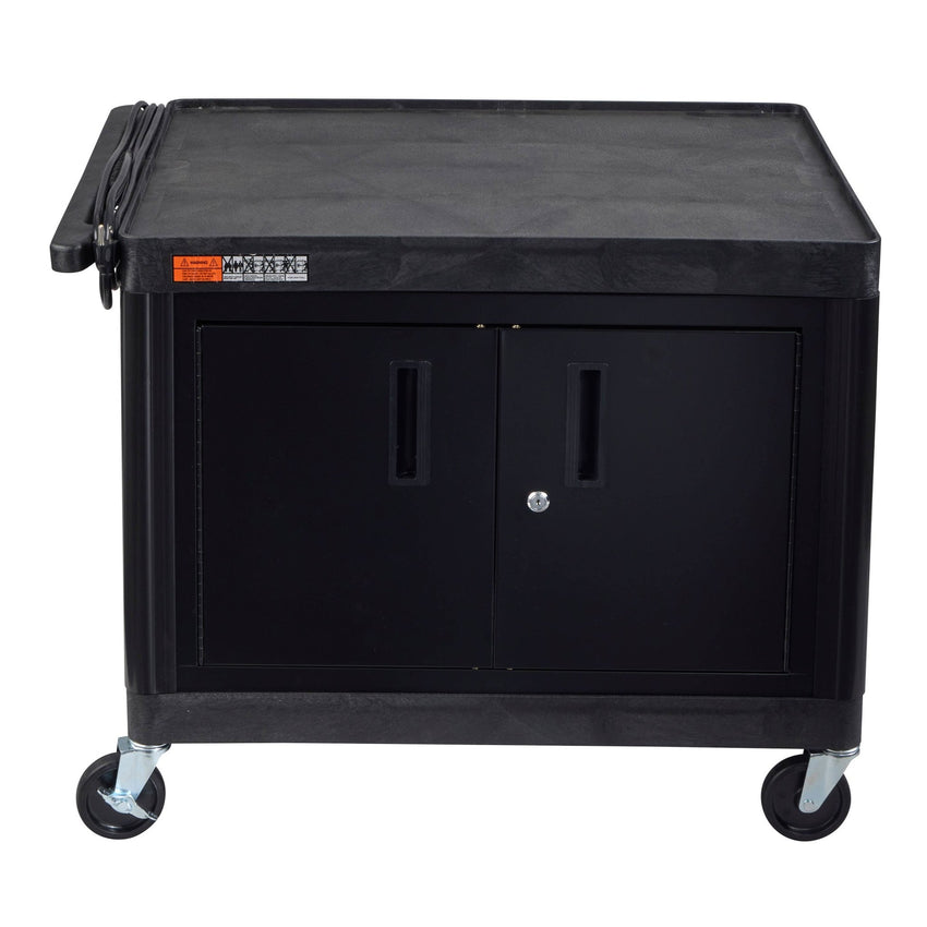 Luxor LE27C-B Black 2 Shelf A/V Cart with Electrical Assembly and Locking Cabinet - 24" W x 32" D x 27" H - SchoolOutlet
