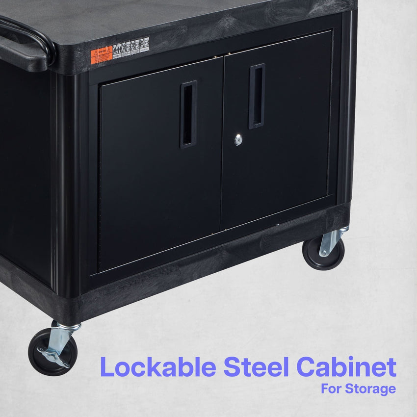 Luxor LE27C-B Black 2 Shelf A/V Cart with Electrical Assembly and Locking Cabinet - 24" W x 32" D x 27" H - SchoolOutlet