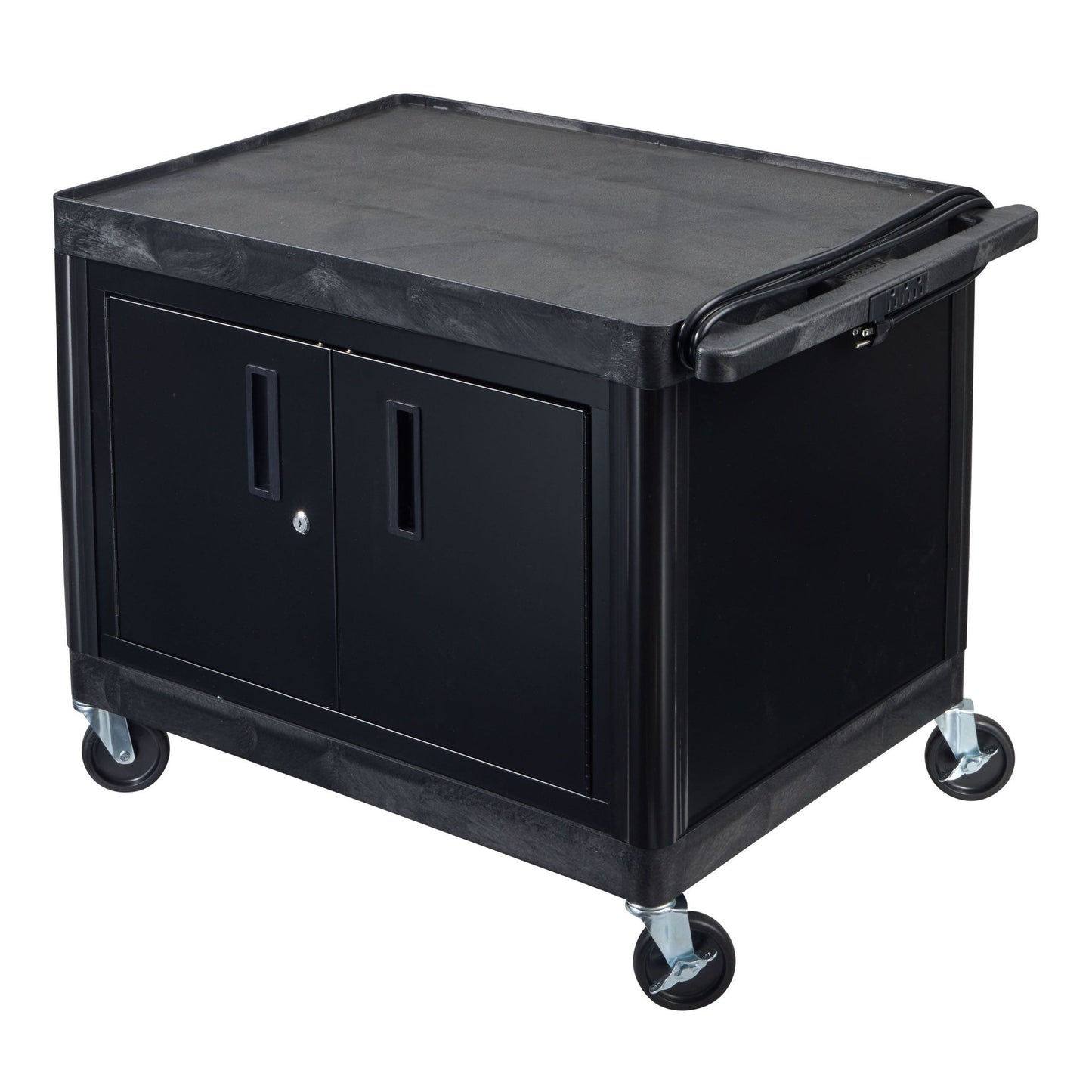 Luxor LE27C-B Black 2 Shelf A/V Cart with Electrical Assembly and Locking Cabinet - 24" W x 32" D x 27" H - SchoolOutlet