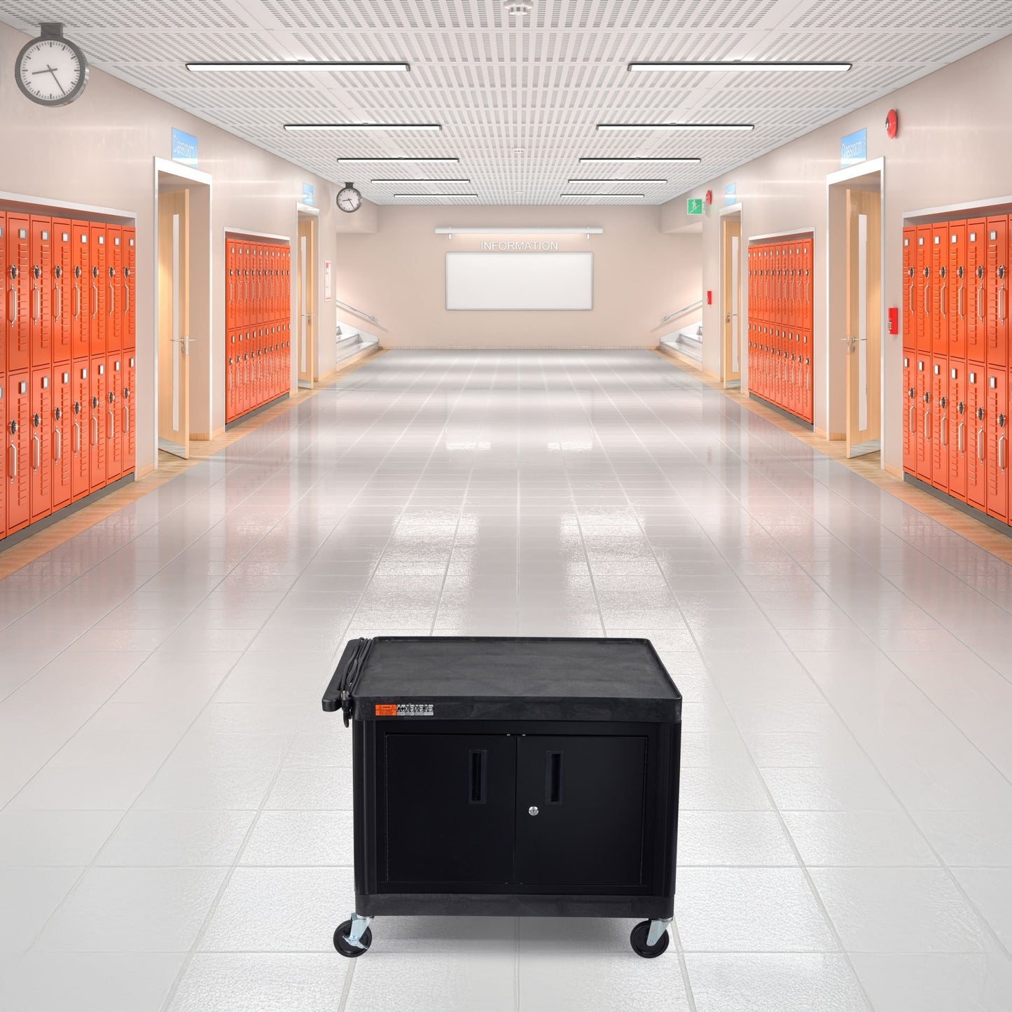 Luxor LE27C-B Black 2 Shelf A/V Cart with Electrical Assembly and Locking Cabinet - 24" W x 32" D x 27" H - SchoolOutlet